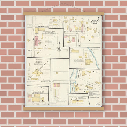 Old map wall art mockup — magnetic wood frame on brick wall — Sanborn Fire Insurance Map from Jasper, Dubois County, Indiana (1909), Sheet #0007