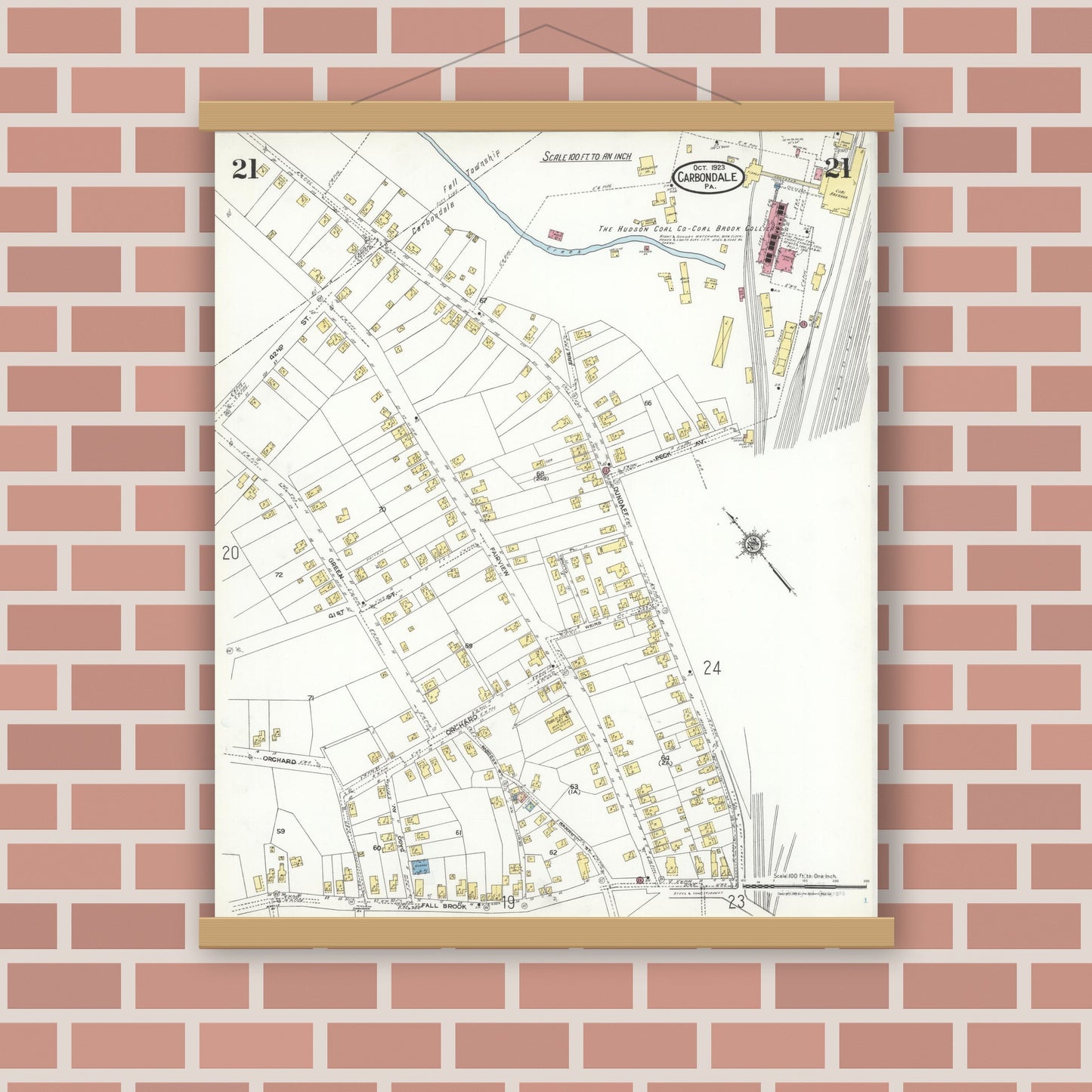 Old map wall art mockup — magnetic wood frame on brick wall — Sanborn Fire Insurance Map from Carbondale, Lackawanna County, Pennsylvania (1923), Sheet #0021