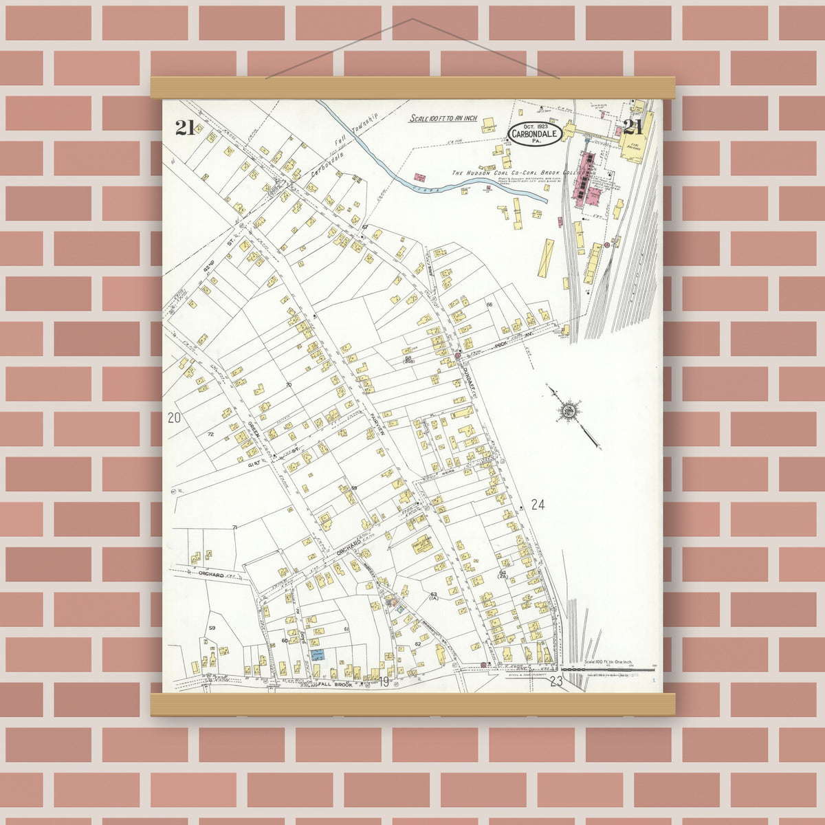 Old map wall art mockup — magnetic wood frame on brick wall — Sanborn Fire Insurance Map from Carbondale, Lackawanna County, Pennsylvania (1923), Sheet #0021
