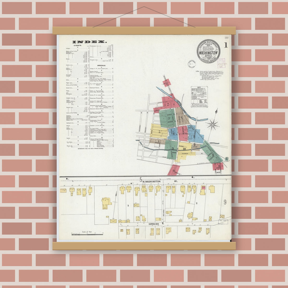 Old map wall art mockup — magnetic wood frame on brick wall — Sanborn Fire Insurance Map from Washington, Warren County, New Jersey (1902), Sheet #0001