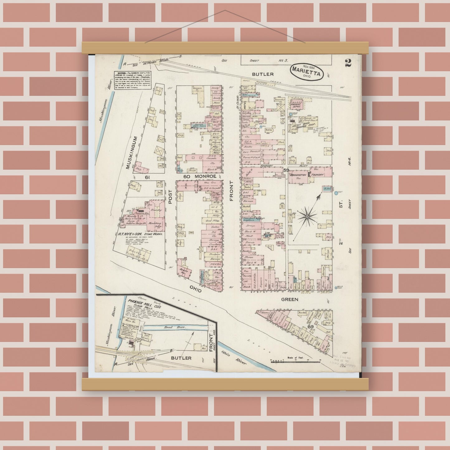 Old map wall art mockup — magnetic wood frame on brick wall — Sanborn Fire Insurance Map from Marietta, Washington County, Ohio (1884), Sheet #0002