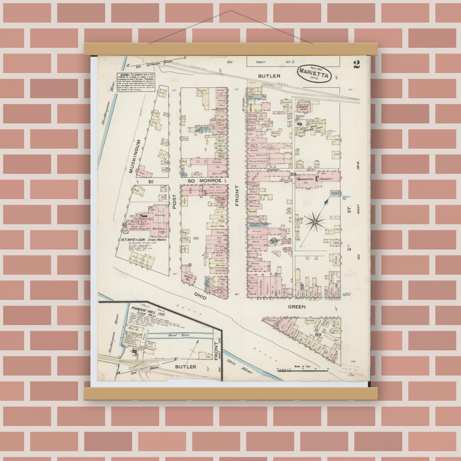 Old map wall art mockup — magnetic wood frame on brick wall — Sanborn Fire Insurance Map from Marietta, Washington County, Ohio (1884), Sheet #0002