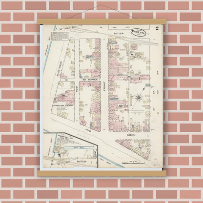 Old map wall art mockup — magnetic wood frame on brick wall — Sanborn Fire Insurance Map from Marietta, Washington County, Ohio (1884), Sheet #0002