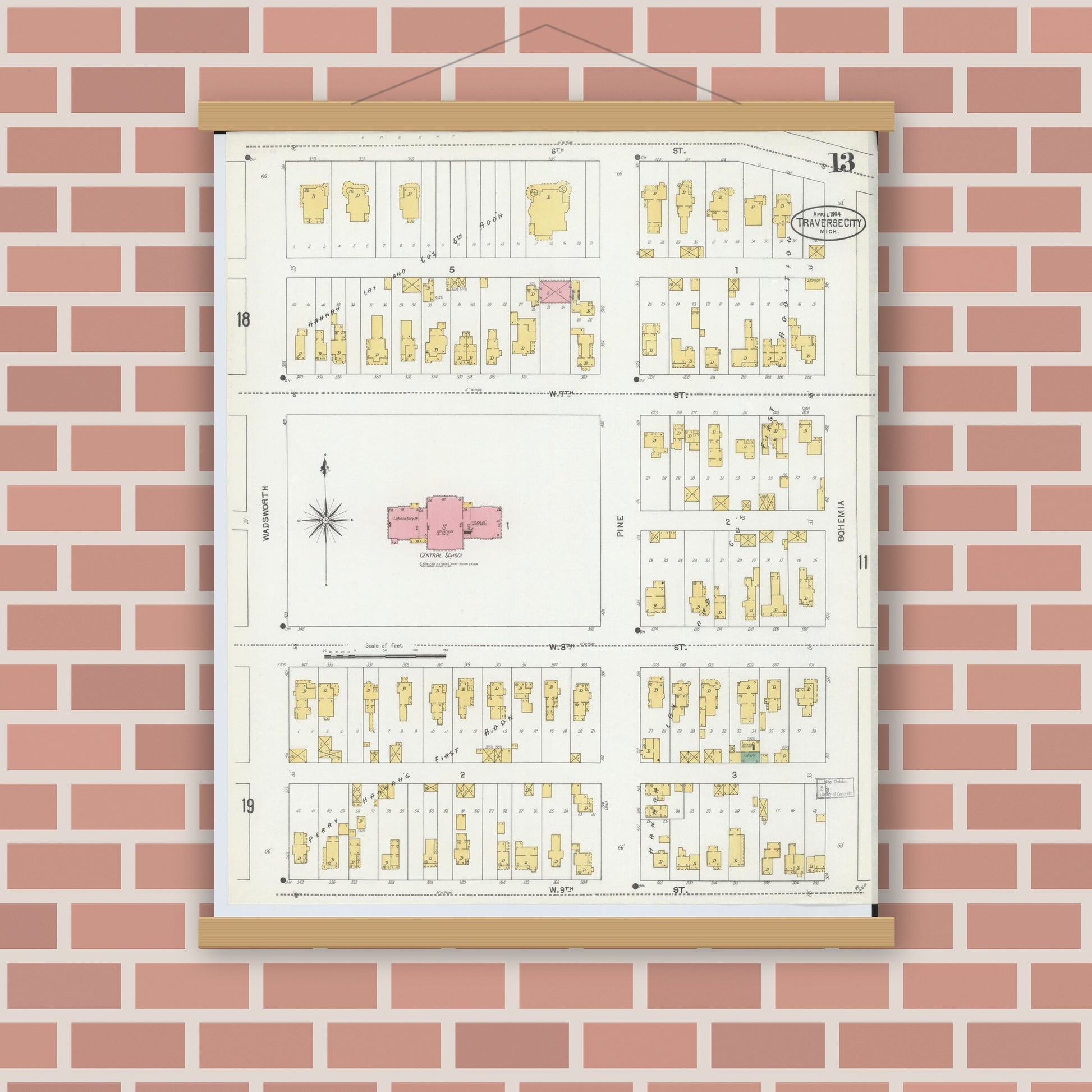 Old map wall art mockup — magnetic wood frame on brick wall — Sanborn Fire Insurance Map from Traverse City, Grand Traverse County, Michigan (1904), Sheet #0013