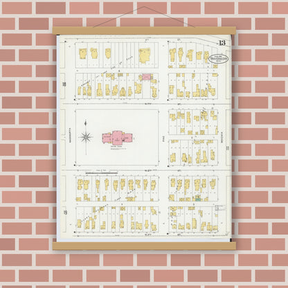 Old map wall art mockup — magnetic wood frame on brick wall — Sanborn Fire Insurance Map from Traverse City, Grand Traverse County, Michigan (1904), Sheet #0013