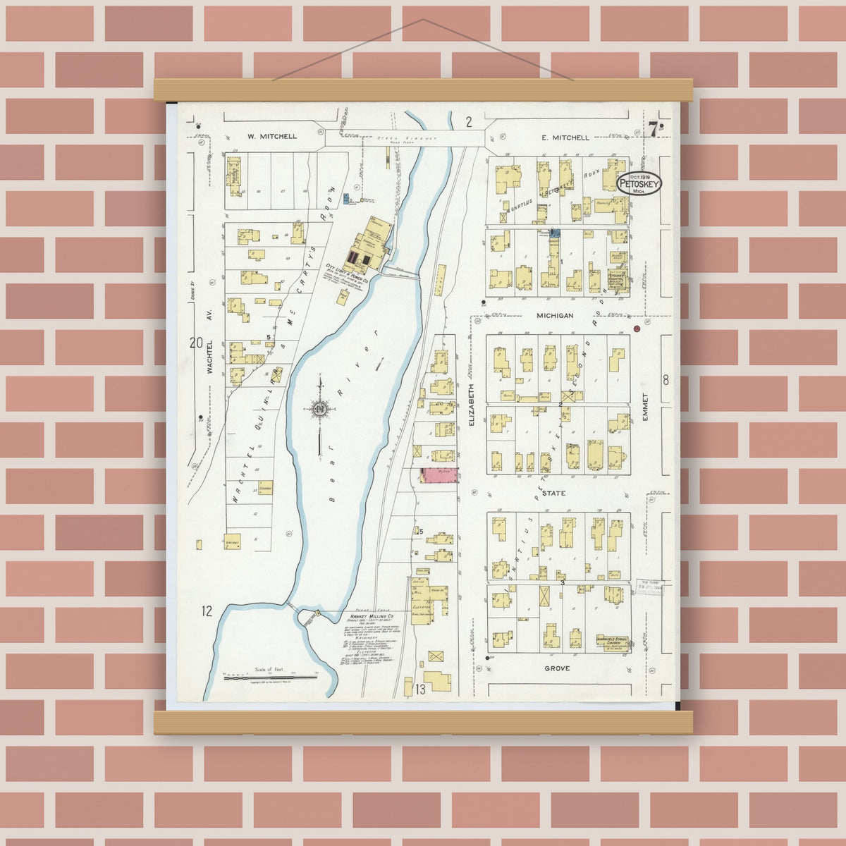 Old map wall art mockup — magnetic wood frame on brick wall — Sanborn Fire Insurance Map from Petoskey, Emmet County, Michigan (1919), Sheet #0007