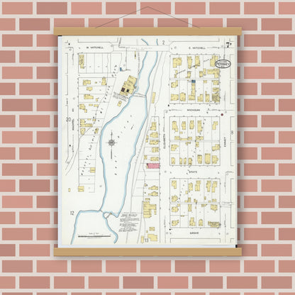 Old map wall art mockup — magnetic wood frame on brick wall — Sanborn Fire Insurance Map from Petoskey, Emmet County, Michigan (1919), Sheet #0007