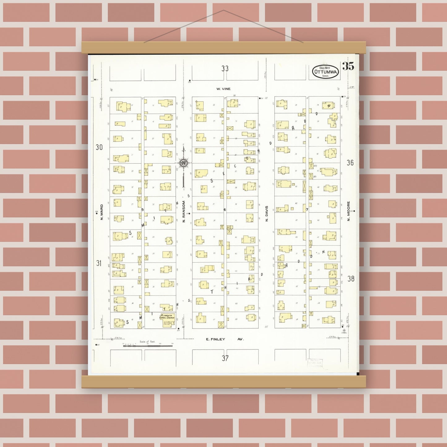 Old map wall art mockup — magnetic wood frame on brick wall — Sanborn Fire Insurance Map from Ottumwa, Wapello County, Iowa (1909), Sheet #0035