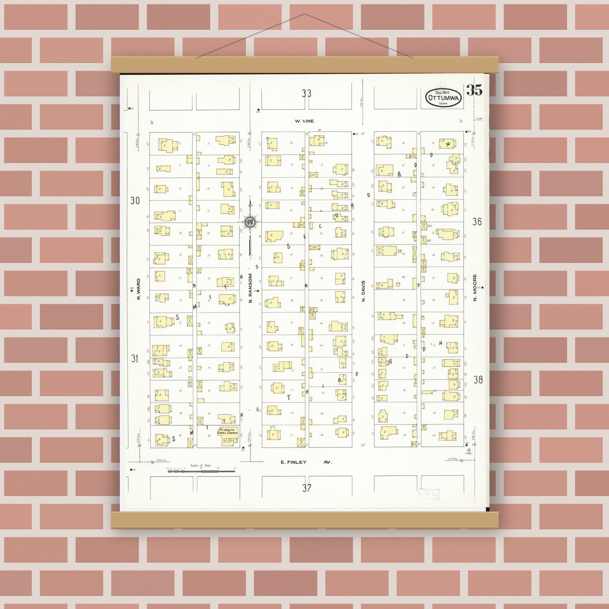 Old map wall art mockup — magnetic wood frame on brick wall — Sanborn Fire Insurance Map from Ottumwa, Wapello County, Iowa (1909), Sheet #0035