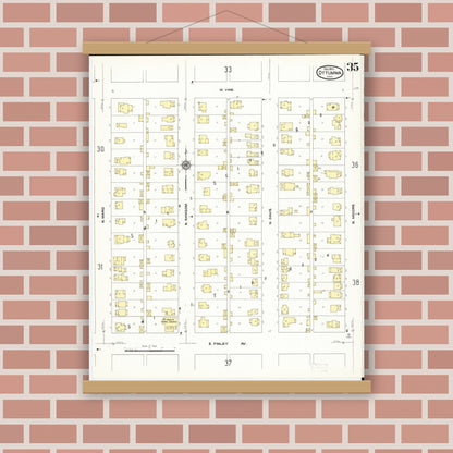 Old map wall art mockup — magnetic wood frame on brick wall — Sanborn Fire Insurance Map from Ottumwa, Wapello County, Iowa (1909), Sheet #0035