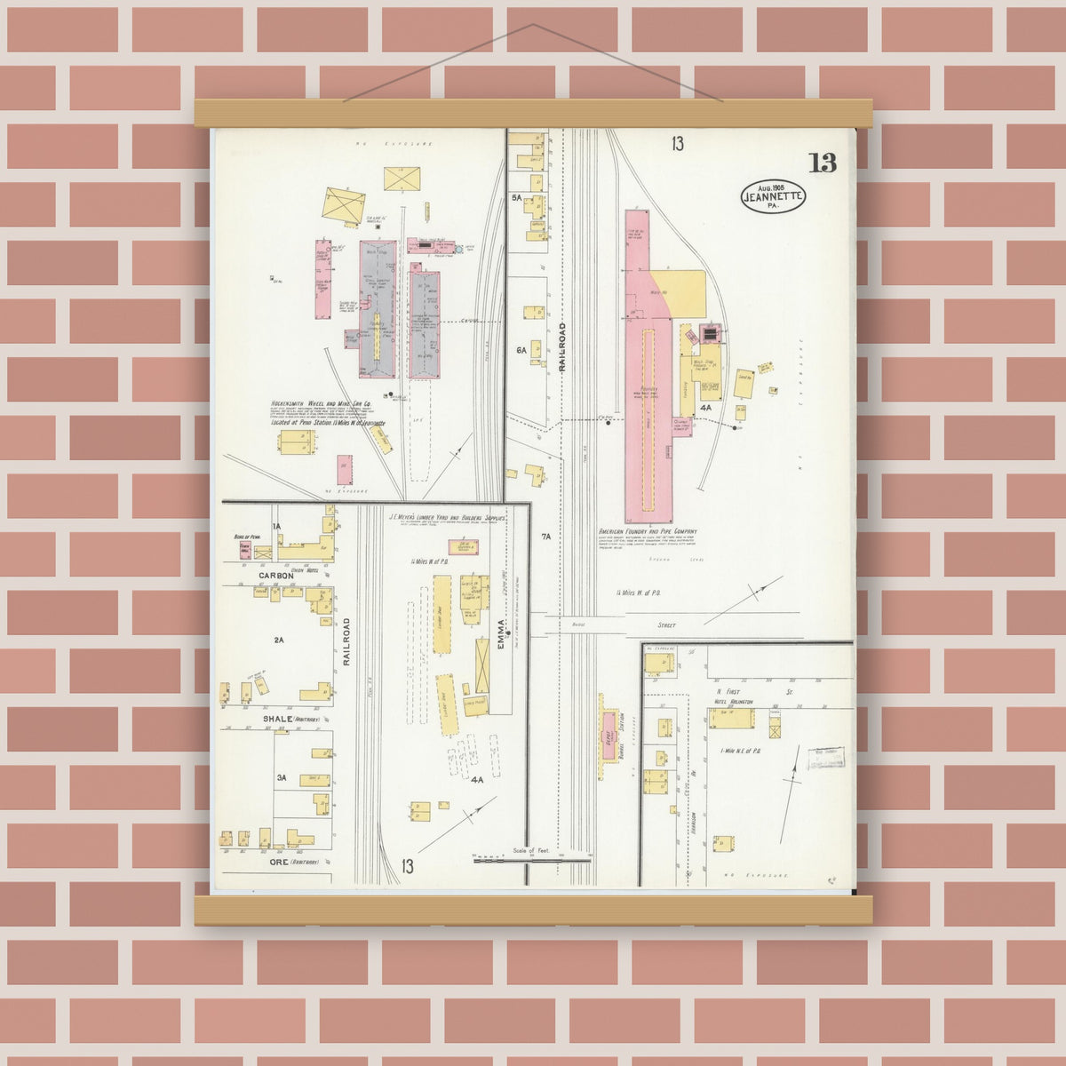 Old map wall art mockup — magnetic wood frame on brick wall — Sanborn Fire Insurance Map from Jeannette, Westmoreland County, Pennsylvania (1905), Sheet #0013