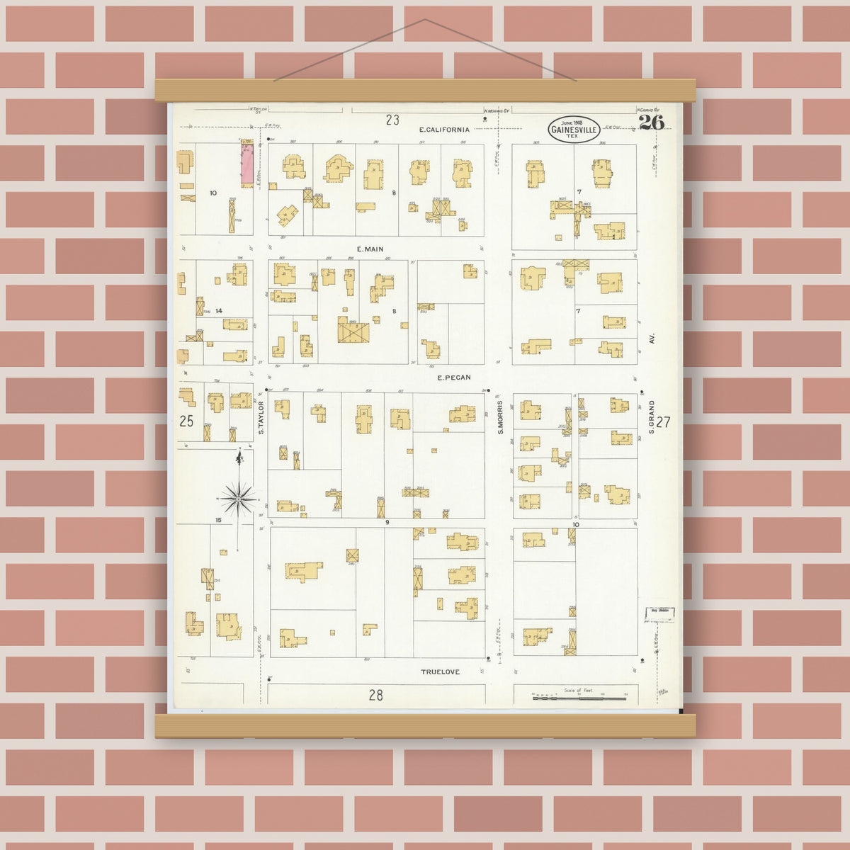 Old map wall art mockup — magnetic wood frame on brick wall — Sanborn Fire Insurance Map from Gainesville, Cooke County, Texas (1908), Sheet #0026