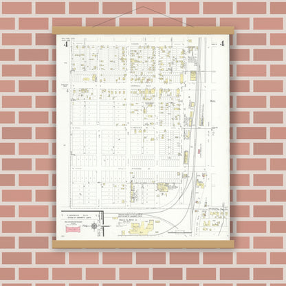 Old map wall art mockup — magnetic wood frame on brick wall — Sanborn Fire Insurance Map from San Juan, Hidalgo County, Texas (1938), Sheet #0004