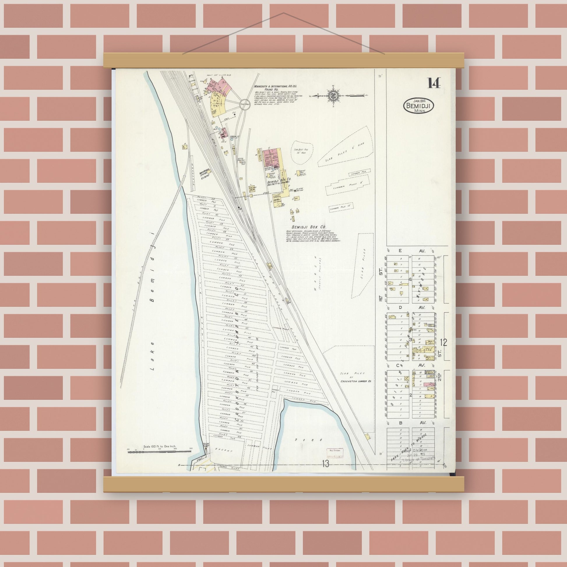 Old map wall art mockup — magnetic wood frame on brick wall — Sanborn Fire Insurance Map from Bemidji, Beltrami County, Minnesota (1914), Sheet #0014