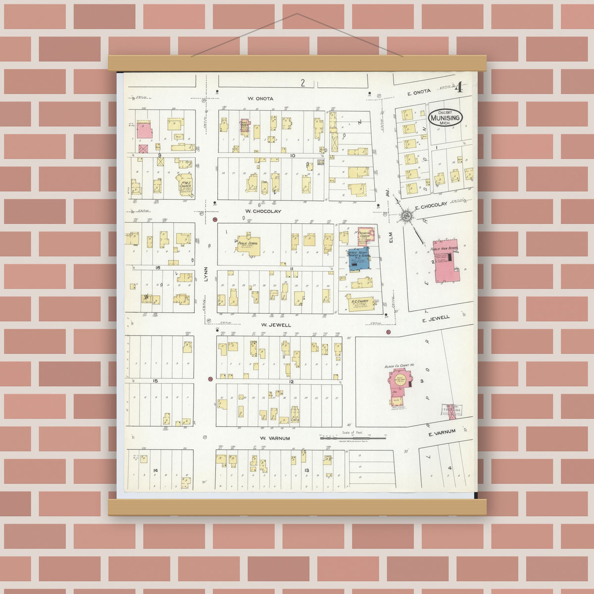 Old map wall art mockup — magnetic wood frame on brick wall — Sanborn Fire Insurance Map from Munising, Alger County, Michigan (1917), Sheet #0004