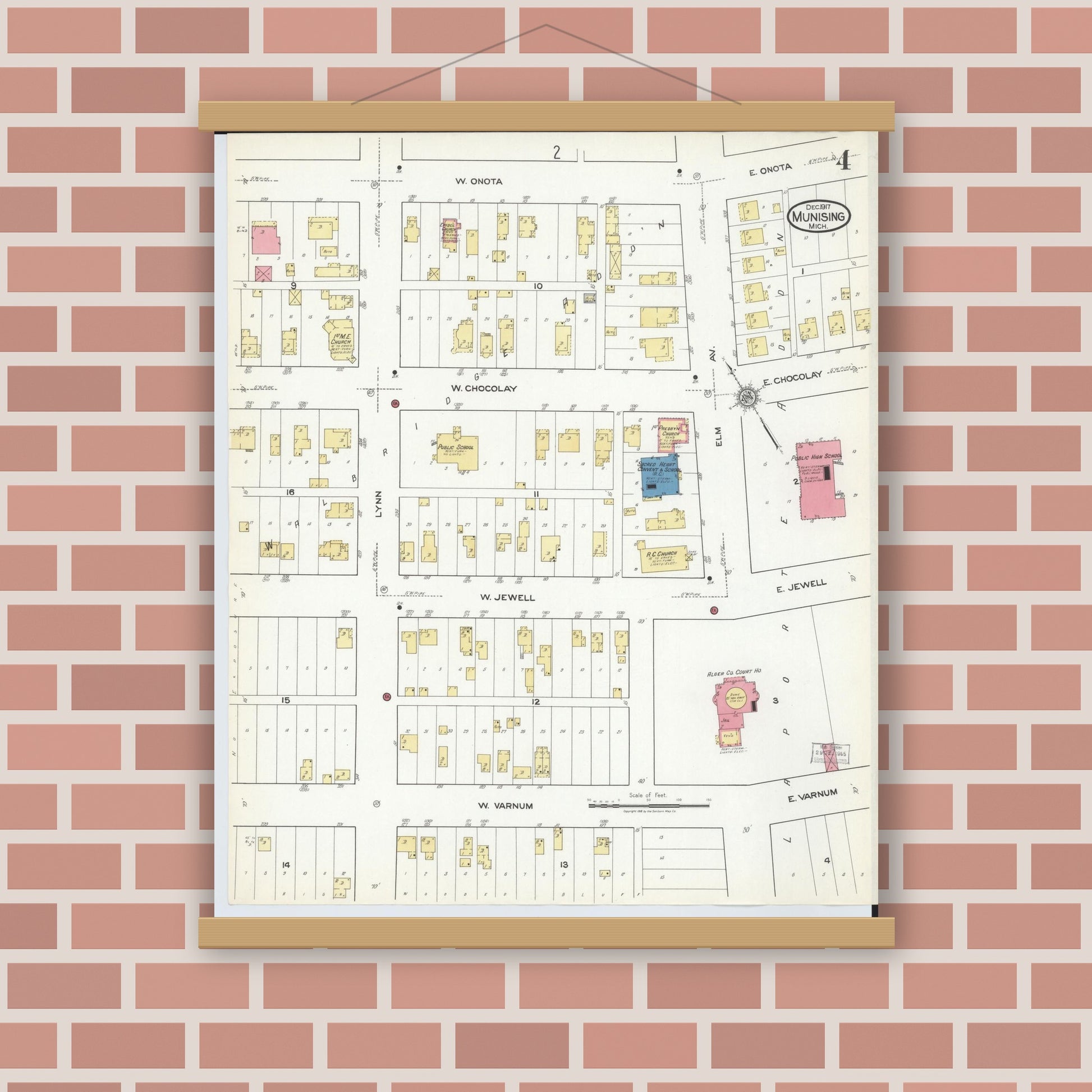 Old map wall art mockup — magnetic wood frame on brick wall — Sanborn Fire Insurance Map from Munising, Alger County, Michigan (1917), Sheet #0004