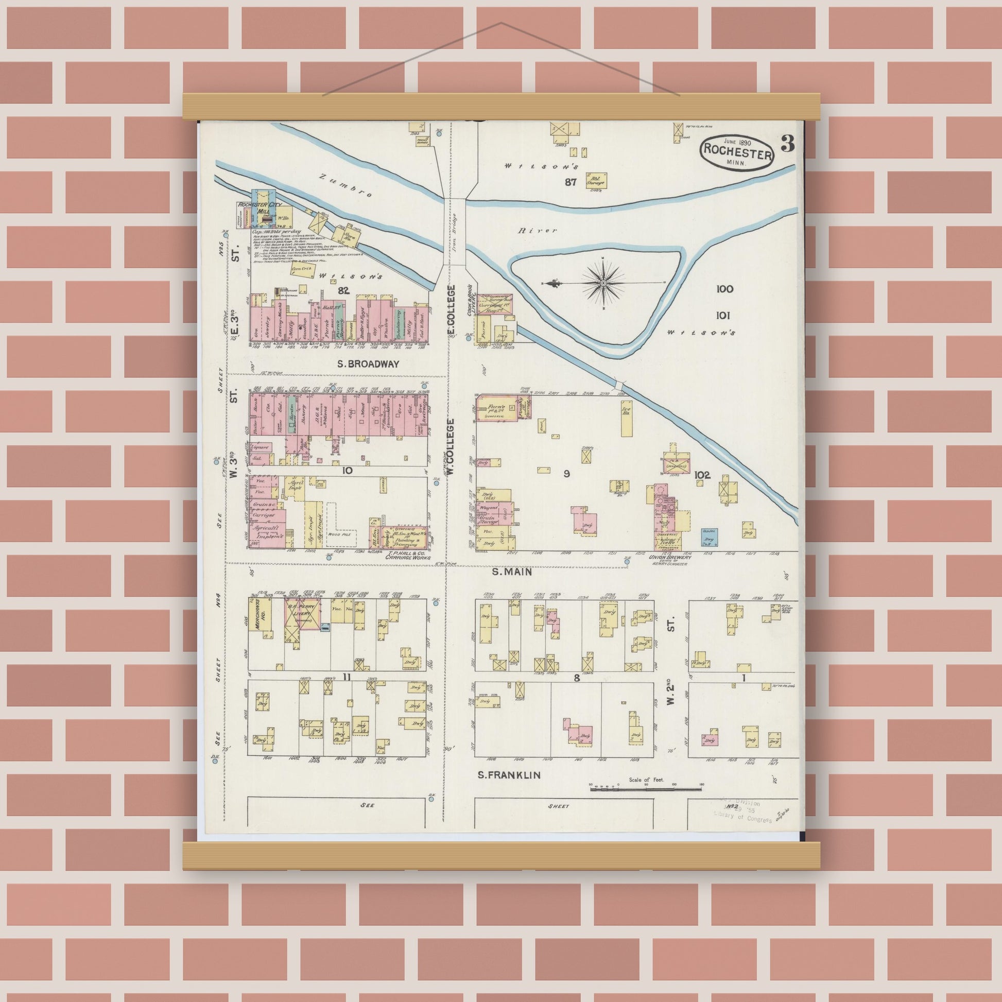 Old map wall art mockup — magnetic wood frame on brick wall — Sanborn Fire Insurance Map from Rochester, Olmsted County, Minnesota (1890), Sheet #0003