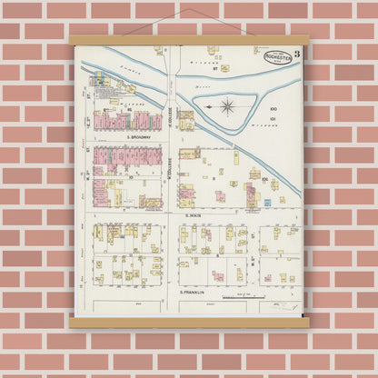 Old map wall art mockup — magnetic wood frame on brick wall — Sanborn Fire Insurance Map from Rochester, Olmsted County, Minnesota (1890), Sheet #0003