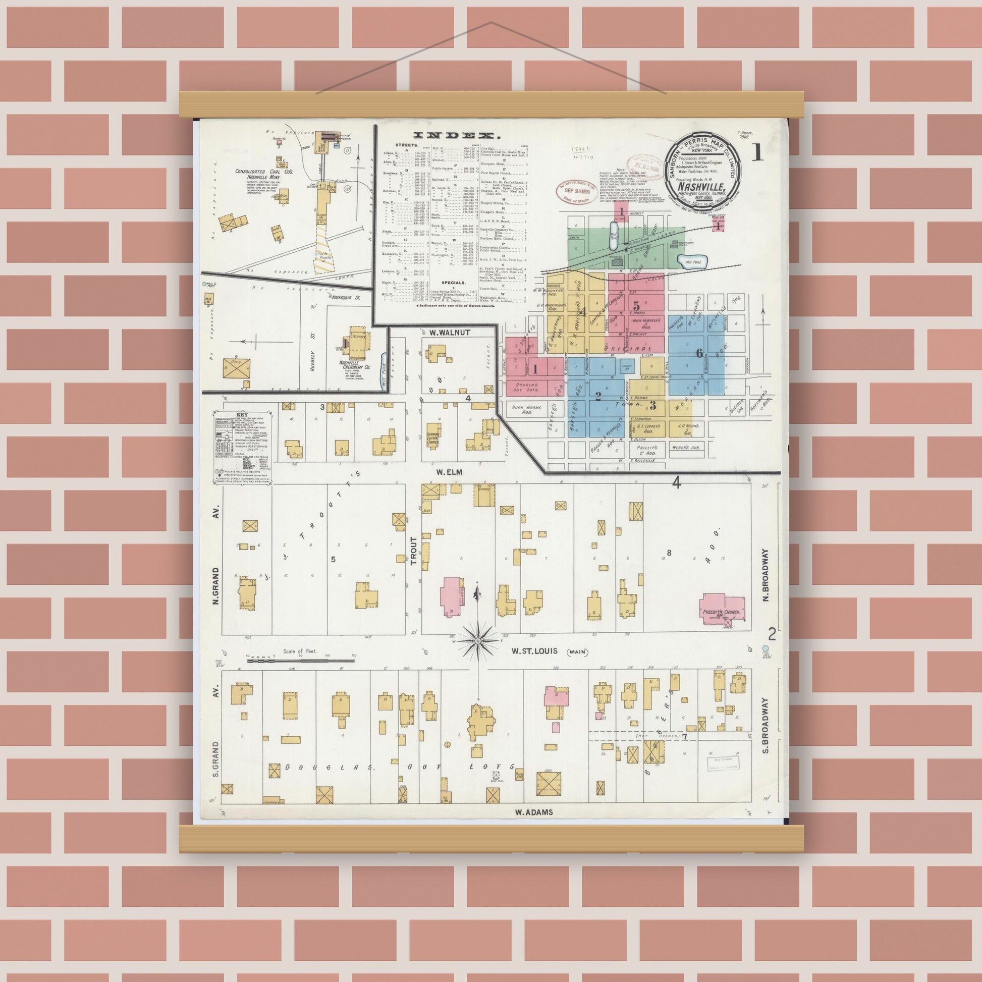 Old map wall art mockup — magnetic wood frame on brick wall — Sanborn Fire Insurance Map from Nashville, Washington County, Illinois (1899), Sheet #0001