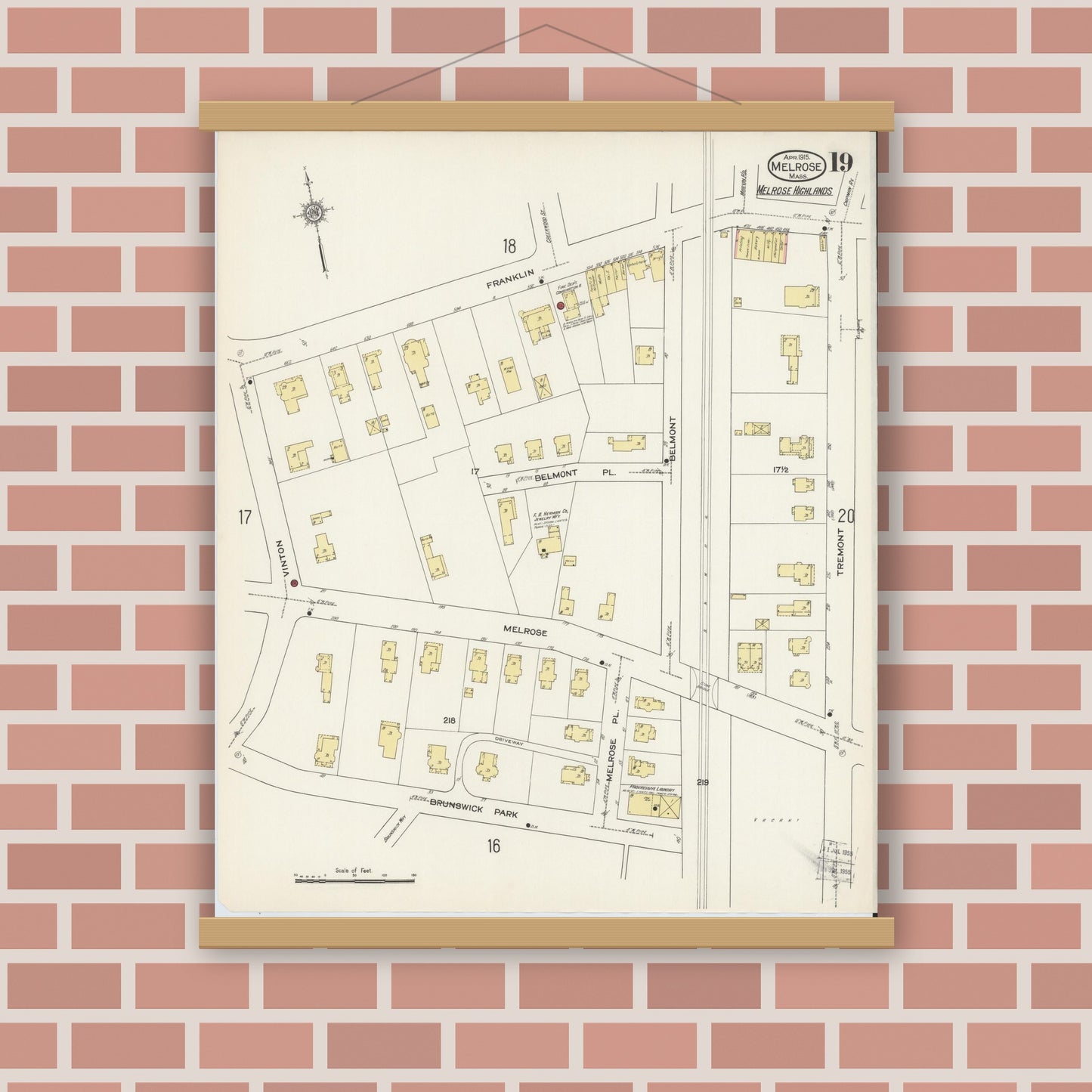 Old map wall art mockup — magnetic wood frame on brick wall — Sanborn Fire Insurance Map from Melrose, Middlesex County, Massachusetts (1915), Sheet #0019