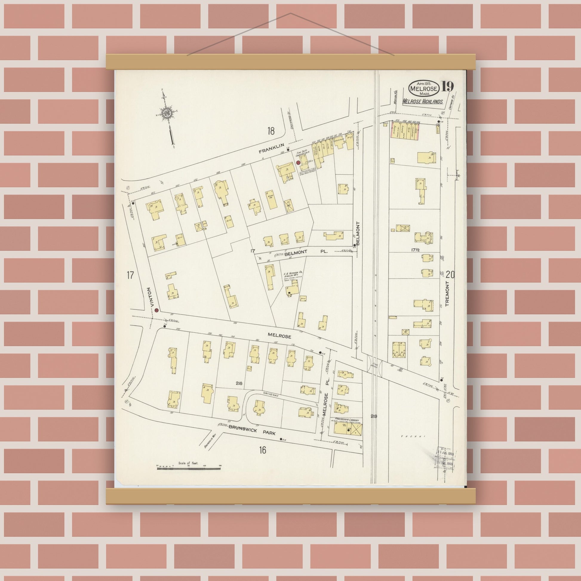 Old map wall art mockup — magnetic wood frame on brick wall — Sanborn Fire Insurance Map from Melrose, Middlesex County, Massachusetts (1915), Sheet #0019