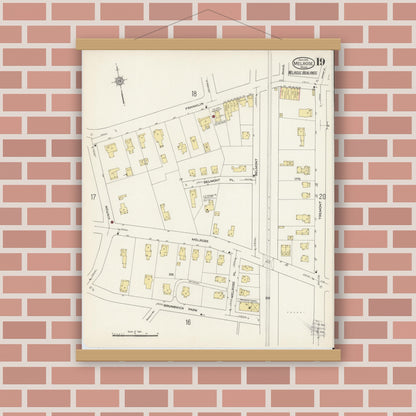 Old map wall art mockup — magnetic wood frame on brick wall — Sanborn Fire Insurance Map from Melrose, Middlesex County, Massachusetts (1915), Sheet #0019