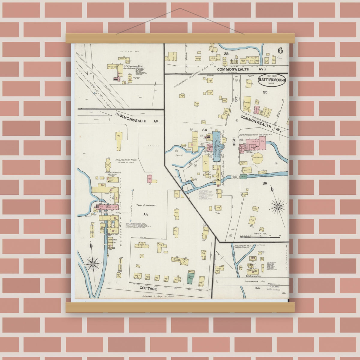 Old map wall art mockup — magnetic wood frame on brick wall — Sanborn Fire Insurance Map from North Attleborough, Bristol County, Massachusetts (1889), Sheet #0006