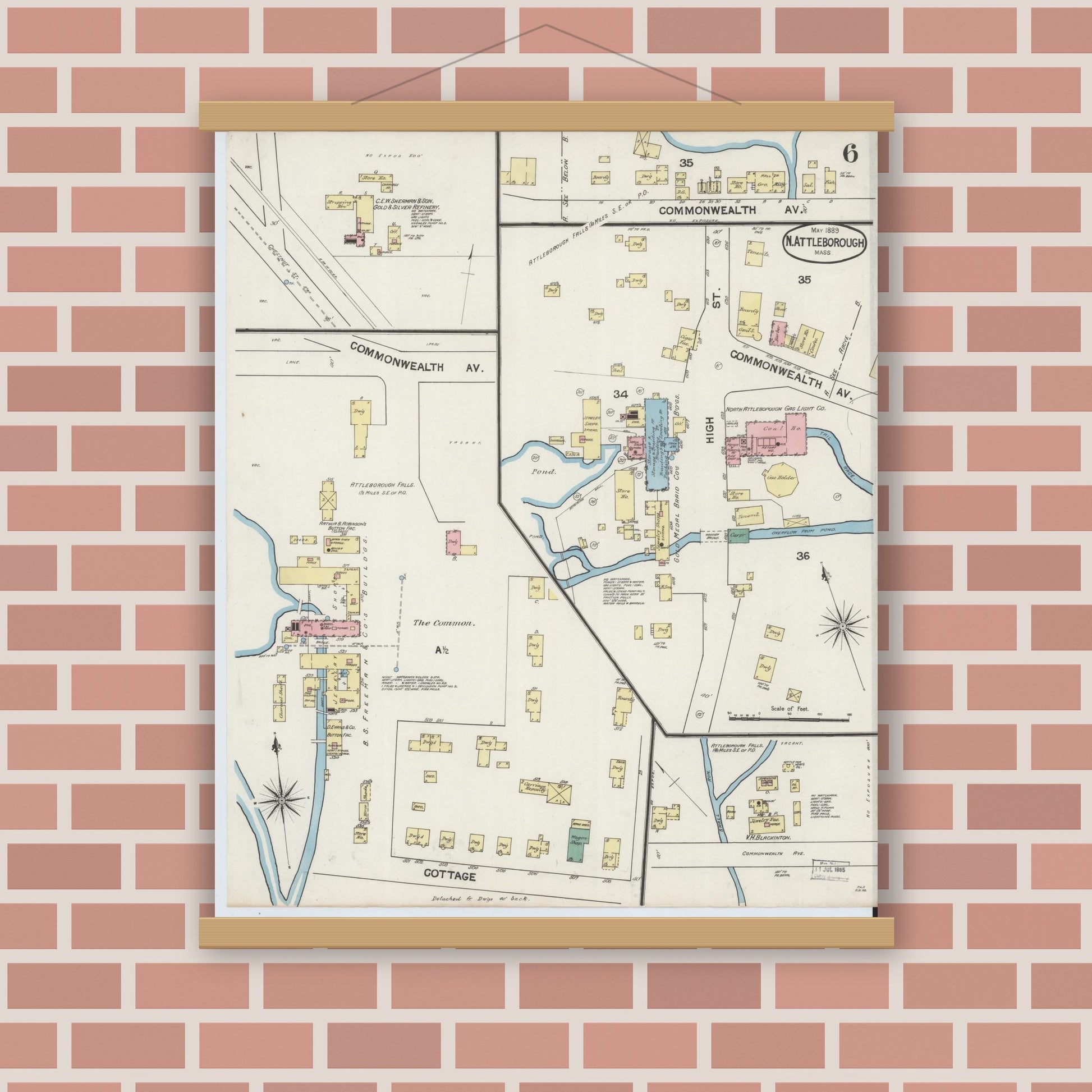 Old map wall art mockup — magnetic wood frame on brick wall — Sanborn Fire Insurance Map from North Attleborough, Bristol County, Massachusetts (1889), Sheet #0006