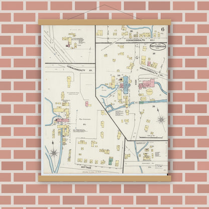 Old map wall art mockup — magnetic wood frame on brick wall — Sanborn Fire Insurance Map from North Attleborough, Bristol County, Massachusetts (1889), Sheet #0006