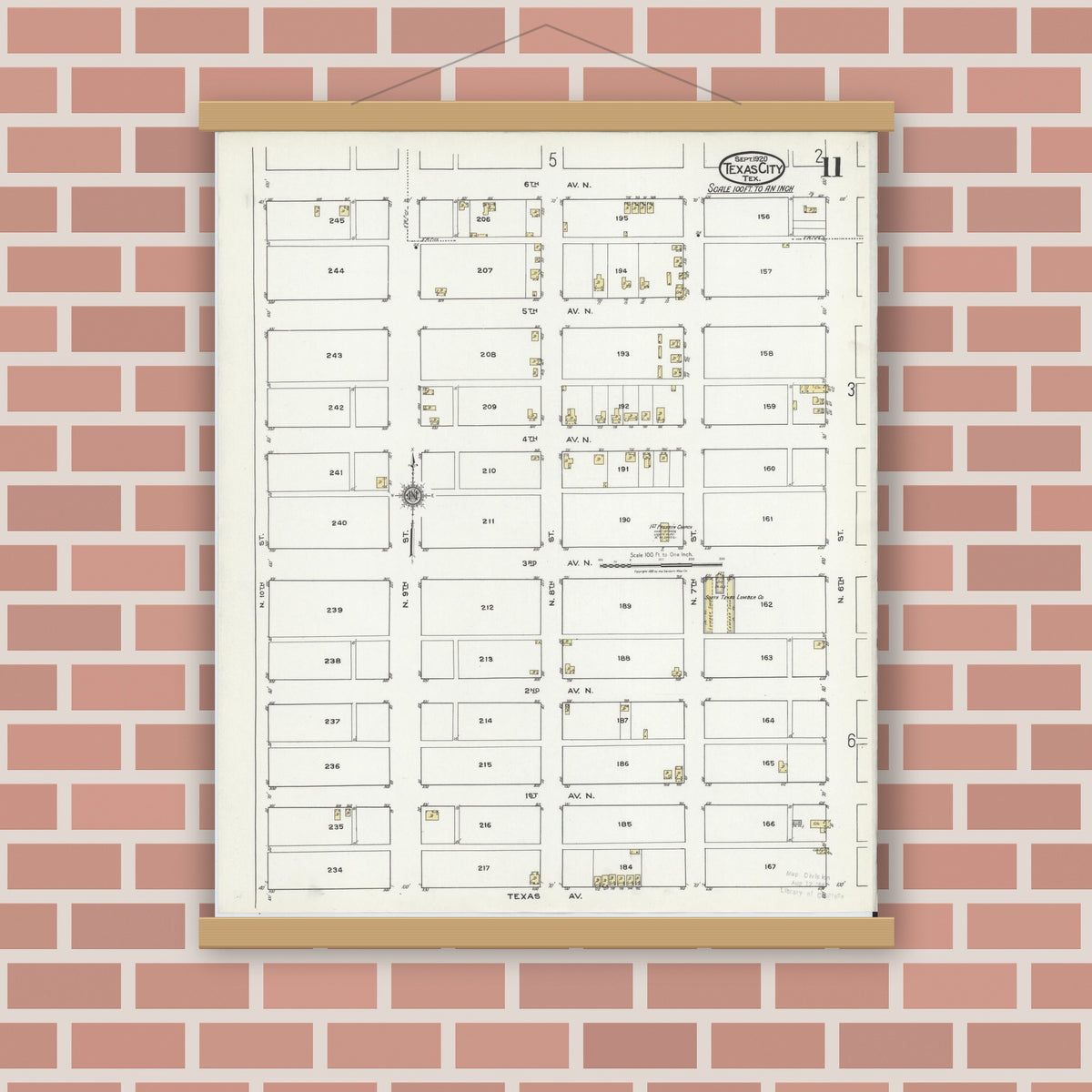 Old map wall art mockup — magnetic wood frame on brick wall — Sanborn Fire Insurance Map from Texas City, Galveston County, Texas (1920), Sheet #0011