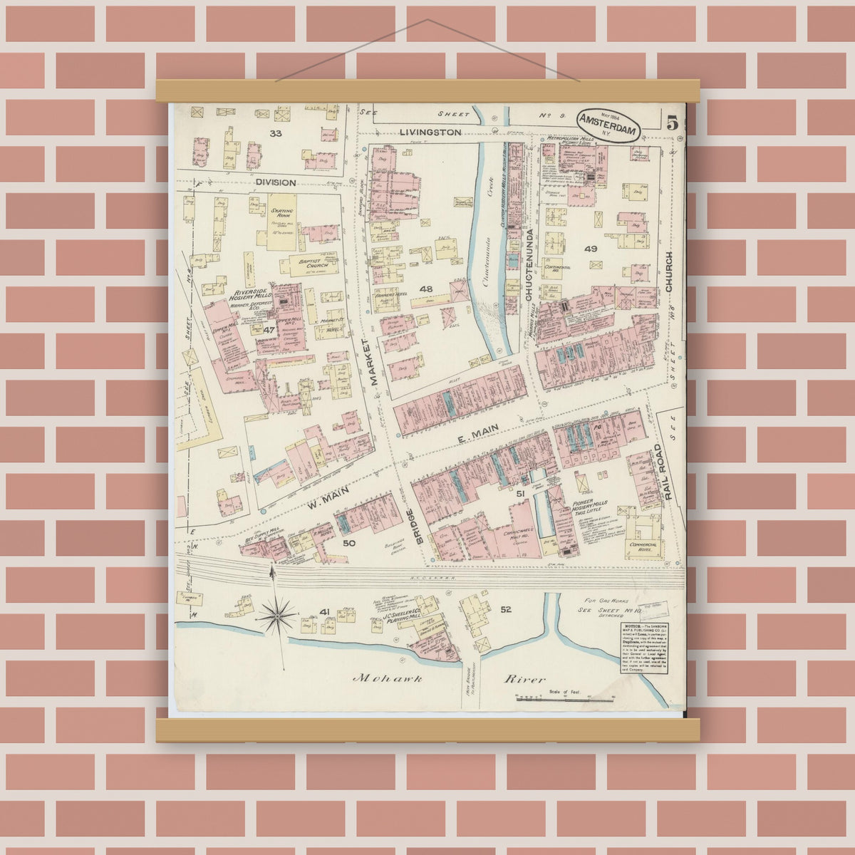 Old map wall art mockup — magnetic wood frame on brick wall — Sanborn Fire Insurance Map from Amsterdam, Montgomery County, New York (1884), Sheet #0005