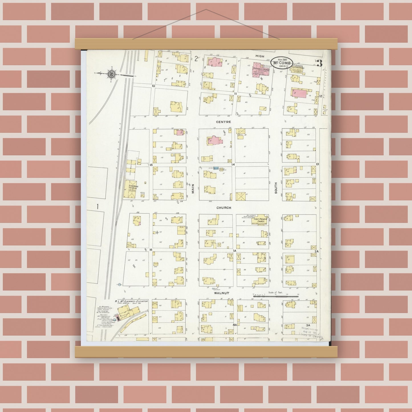 Old map wall art mockup — magnetic wood frame on brick wall — Sanborn Fire Insurance Map from McComb, Hancock County, Ohio (1910), Sheet #0003