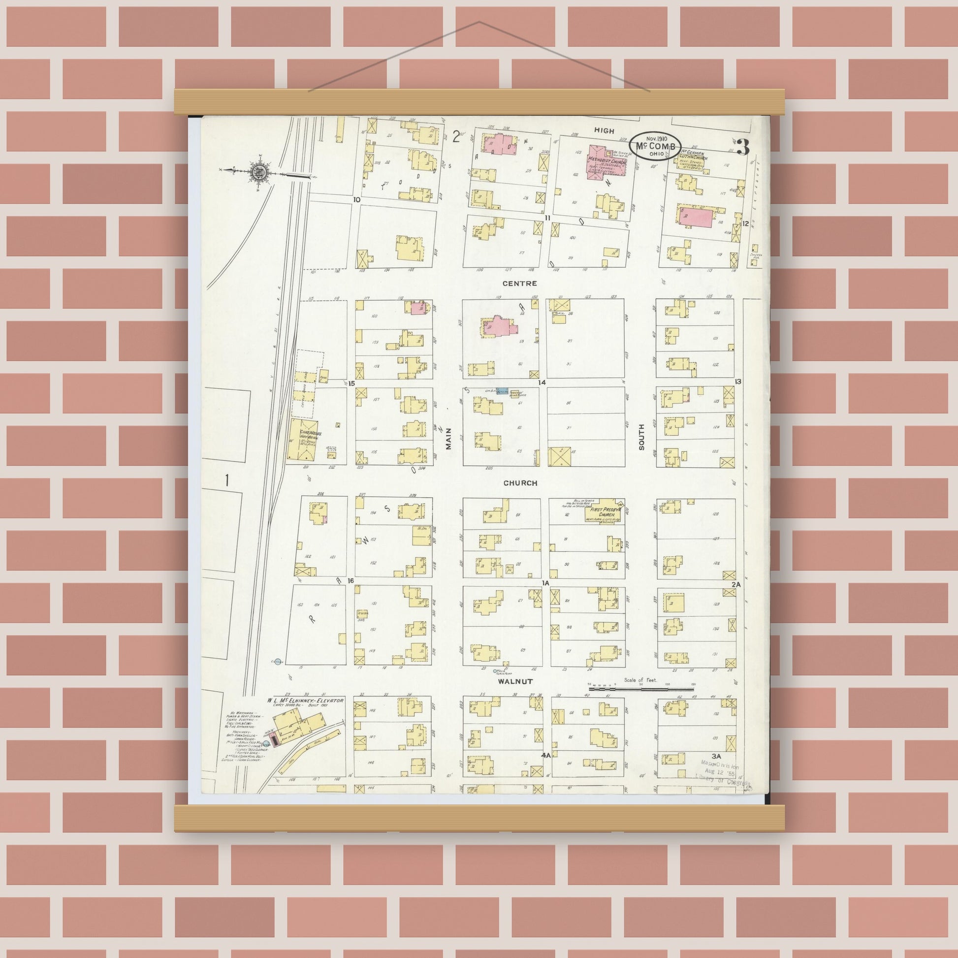 Old map wall art mockup — magnetic wood frame on brick wall — Sanborn Fire Insurance Map from McComb, Hancock County, Ohio (1910), Sheet #0003