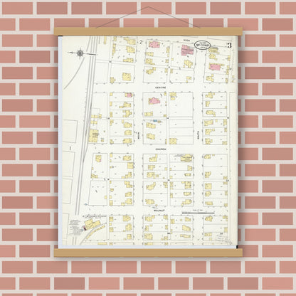 Old map wall art mockup — magnetic wood frame on brick wall — Sanborn Fire Insurance Map from McComb, Hancock County, Ohio (1910), Sheet #0003