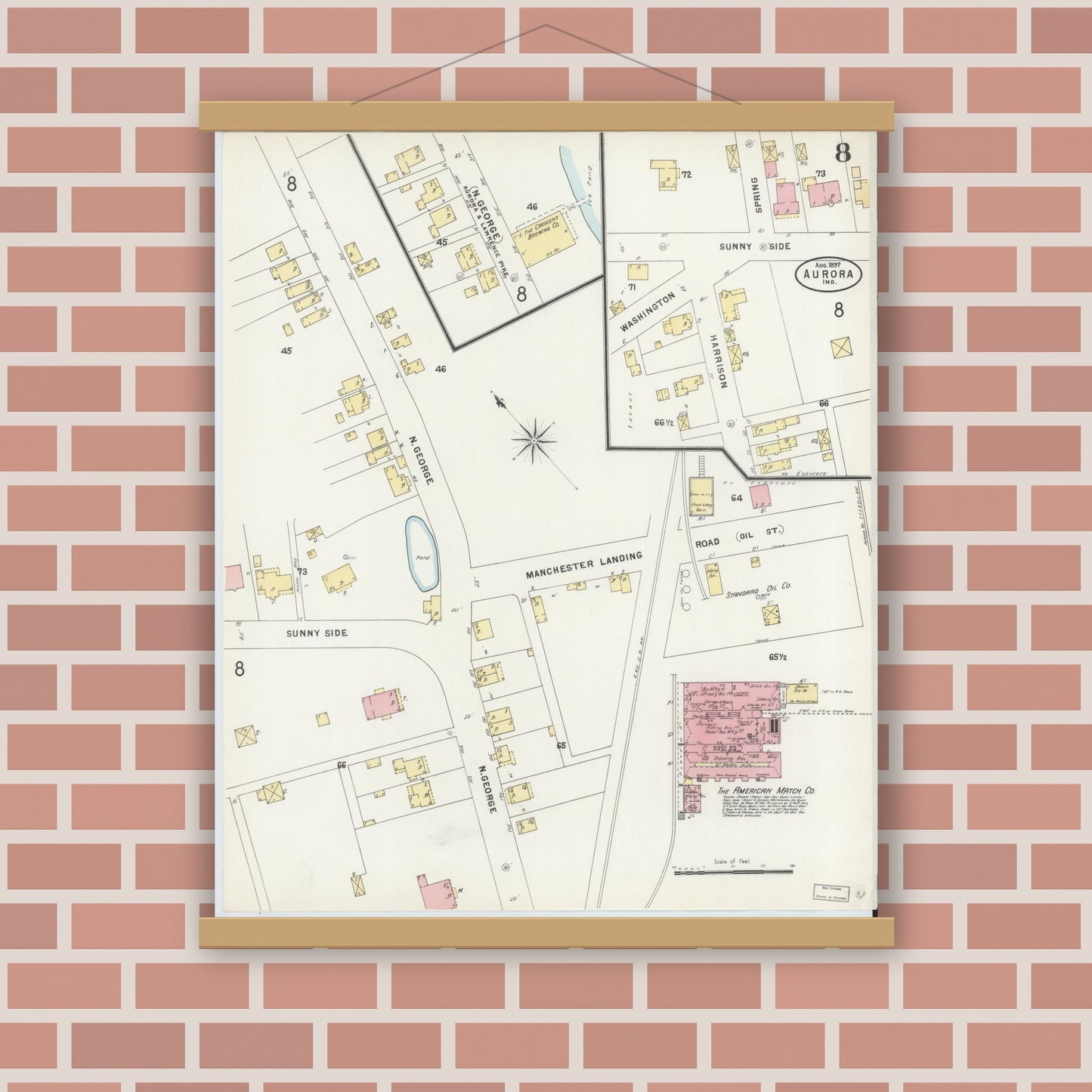 Old map wall art mockup — magnetic wood frame on brick wall — Sanborn Fire Insurance Map from Aurora, Dearborn County, Indiana (1897), Sheet #0008