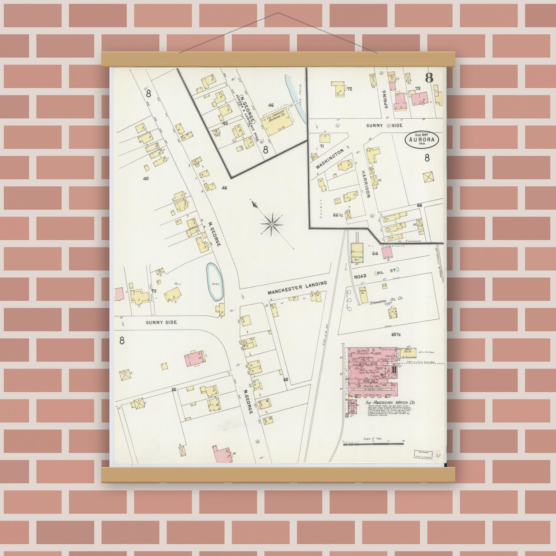 Old map wall art mockup — magnetic wood frame on brick wall — Sanborn Fire Insurance Map from Aurora, Dearborn County, Indiana (1897), Sheet #0008