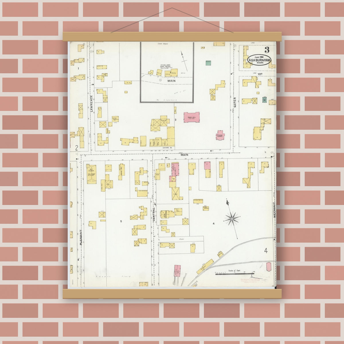Old map wall art mockup — magnetic wood frame on brick wall — Sanborn Fire Insurance Map from Ashburnham, Worcester County, Massachusetts (1904), Sheet #0003