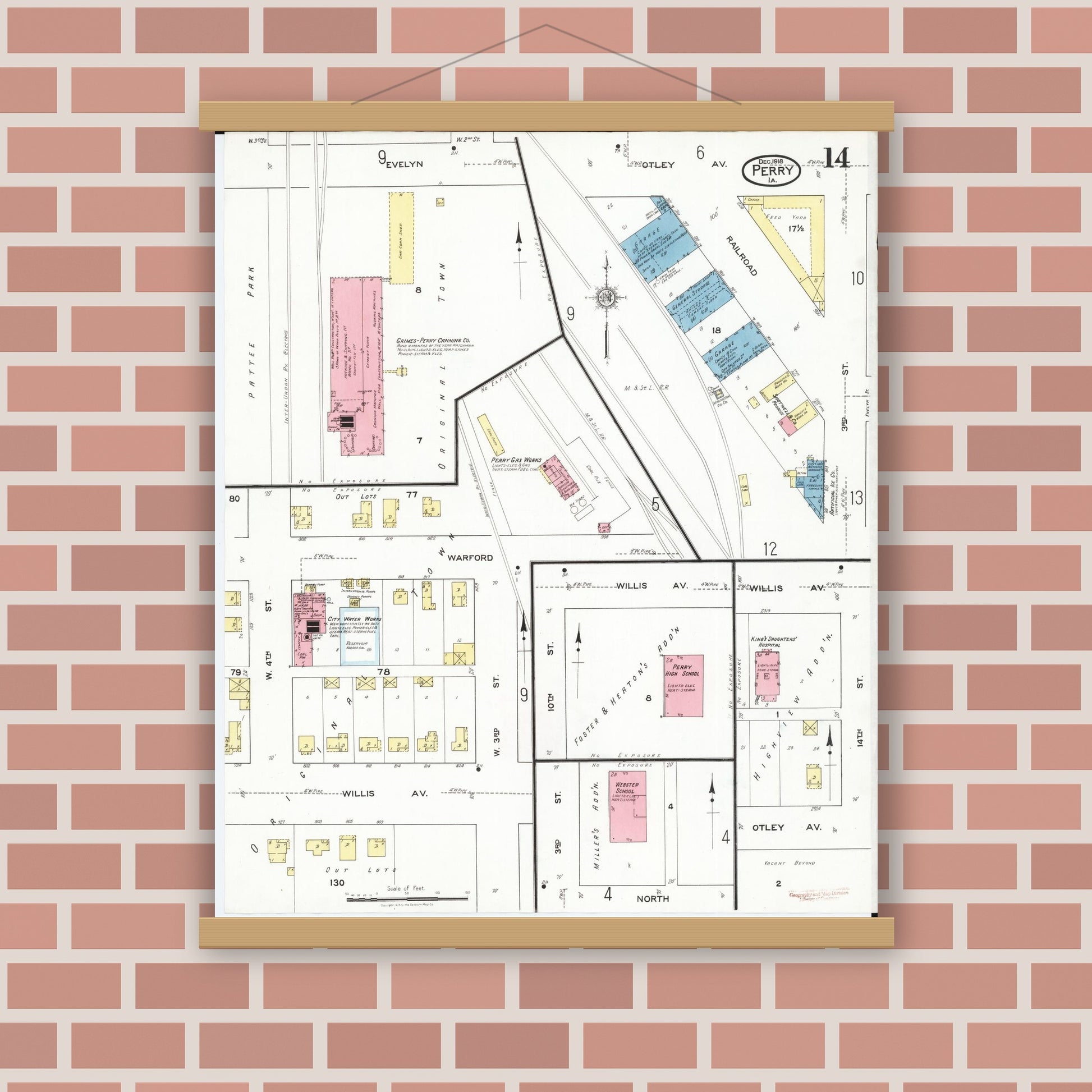Old map wall art mockup — magnetic wood frame on brick wall — Sanborn Fire Insurance Map from Perry, Dallas County, Iowa (1918), Sheet #0014