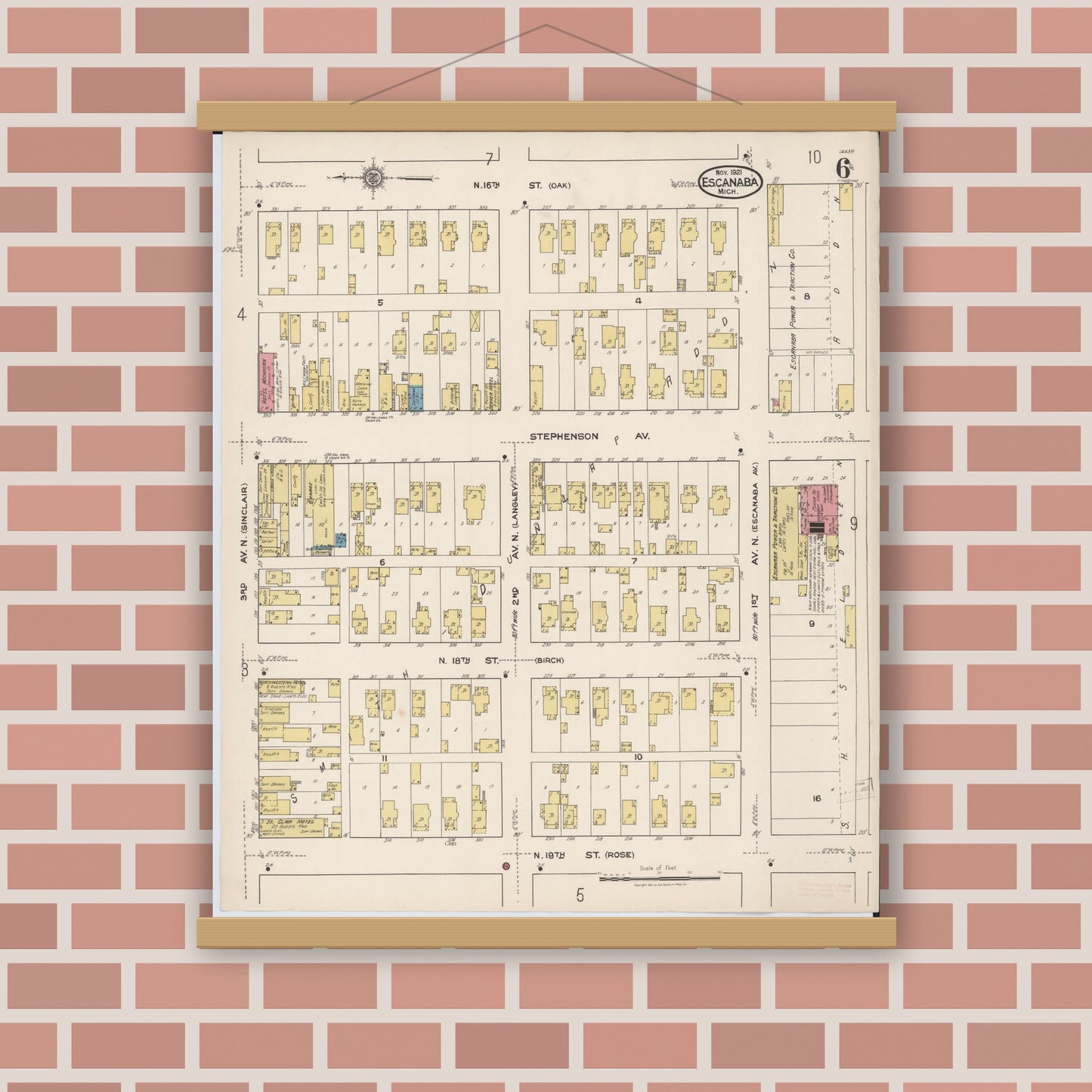 Old map wall art mockup — magnetic wood frame on brick wall — Sanborn Fire Insurance Map from Escanaba, Delta County, Michigan (1921), Sheet #0006