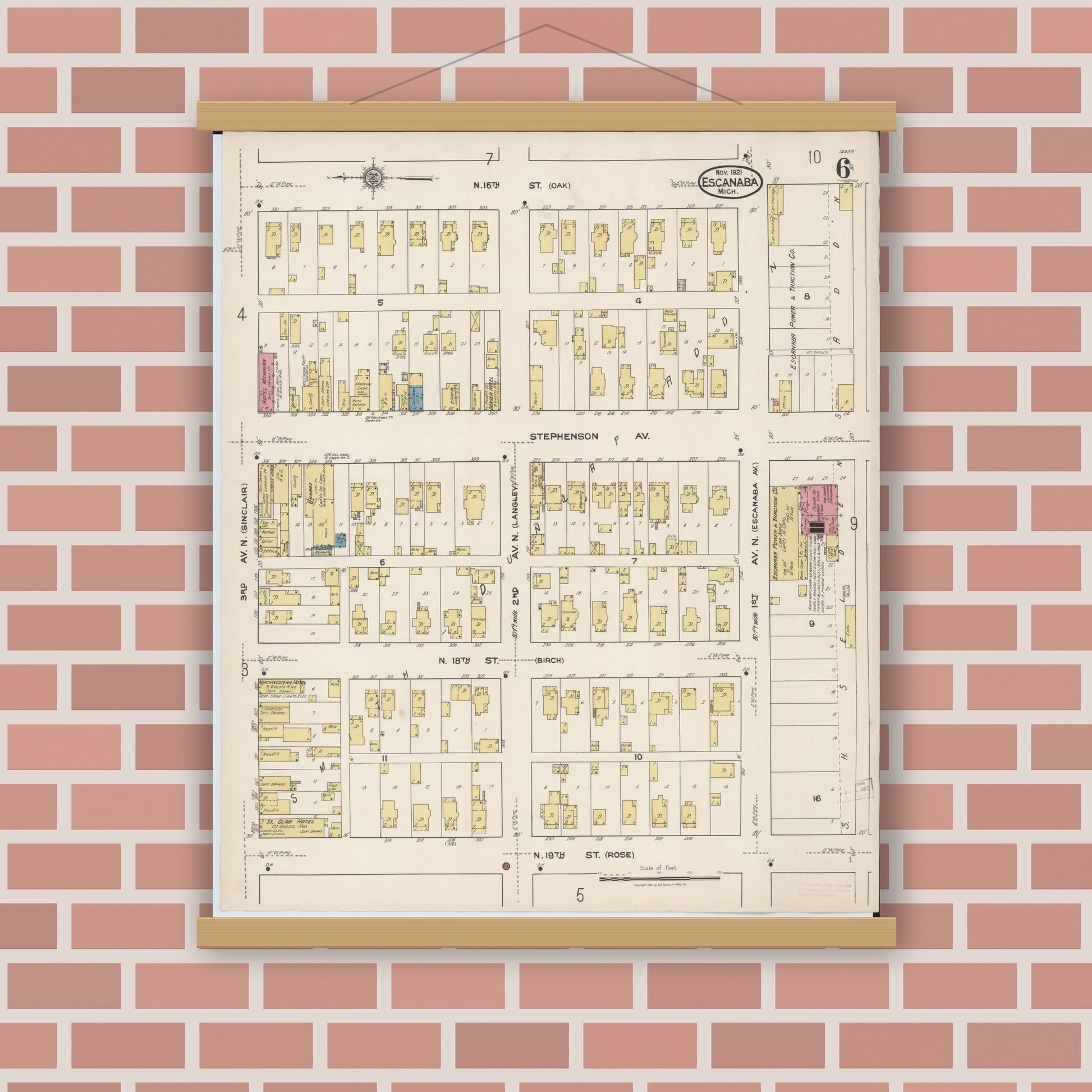 Old map wall art mockup — magnetic wood frame on brick wall — Sanborn Fire Insurance Map from Escanaba, Delta County, Michigan (1921), Sheet #0006