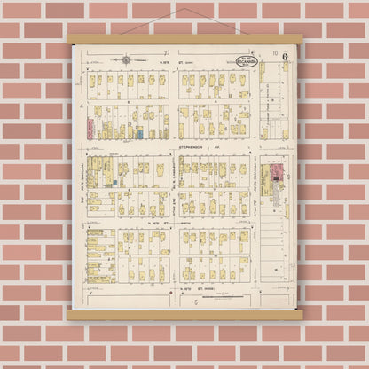 Old map wall art mockup — magnetic wood frame on brick wall — Sanborn Fire Insurance Map from Escanaba, Delta County, Michigan (1921), Sheet #0006