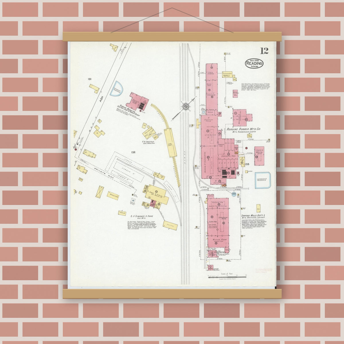 Old map wall art mockup — magnetic wood frame on brick wall — Sanborn Fire Insurance Map from Reading, Middlesex County, Massachusetts (1918), Sheet #0012