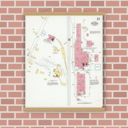 Old map wall art mockup — magnetic wood frame on brick wall — Sanborn Fire Insurance Map from Reading, Middlesex County, Massachusetts (1918), Sheet #0012