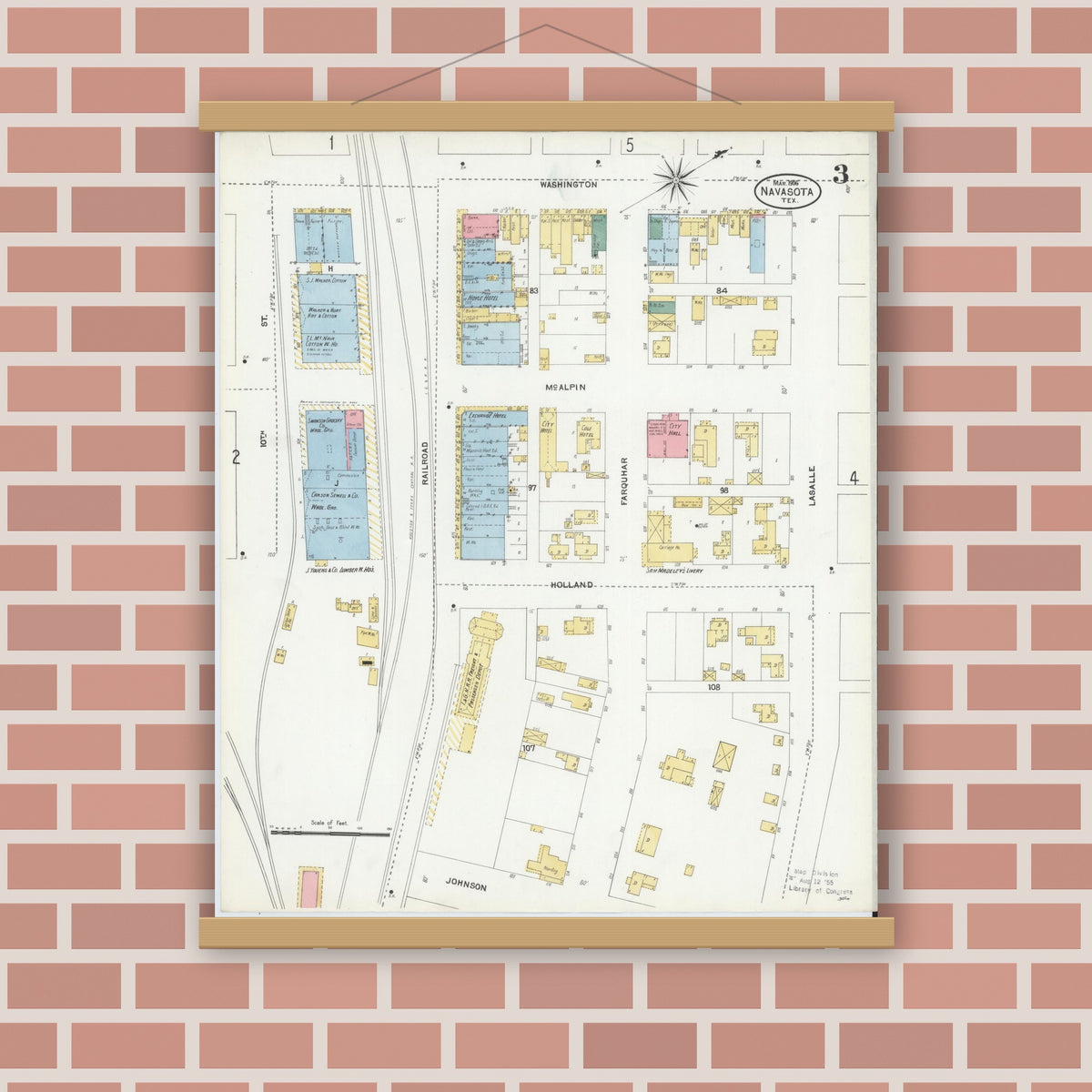 Old map wall art mockup — magnetic wood frame on brick wall — Sanborn Fire Insurance Map from Navasota, Grimes County, Texas (1906), Sheet #0003