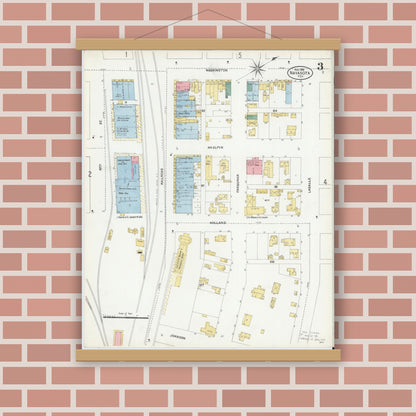 Old map wall art mockup — magnetic wood frame on brick wall — Sanborn Fire Insurance Map from Navasota, Grimes County, Texas (1906), Sheet #0003