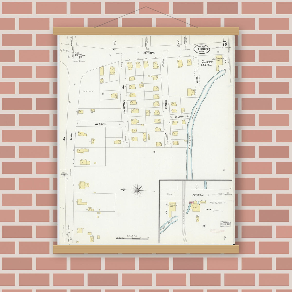 Old map wall art mockup — magnetic wood frame on brick wall — Sanborn Fire Insurance Map from Saugus, Essex County, Massachusetts (1907), Sheet #0005