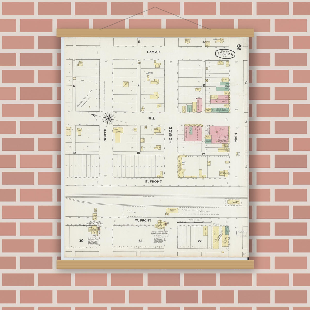 Old map wall art mockup — magnetic wood frame on brick wall — Sanborn Fire Insurance Map from Itasca, Hill County, Texas (1891), Sheet #0002