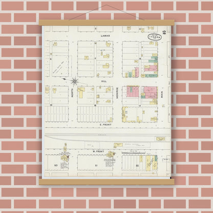 Old map wall art mockup — magnetic wood frame on brick wall — Sanborn Fire Insurance Map from Itasca, Hill County, Texas (1891), Sheet #0002