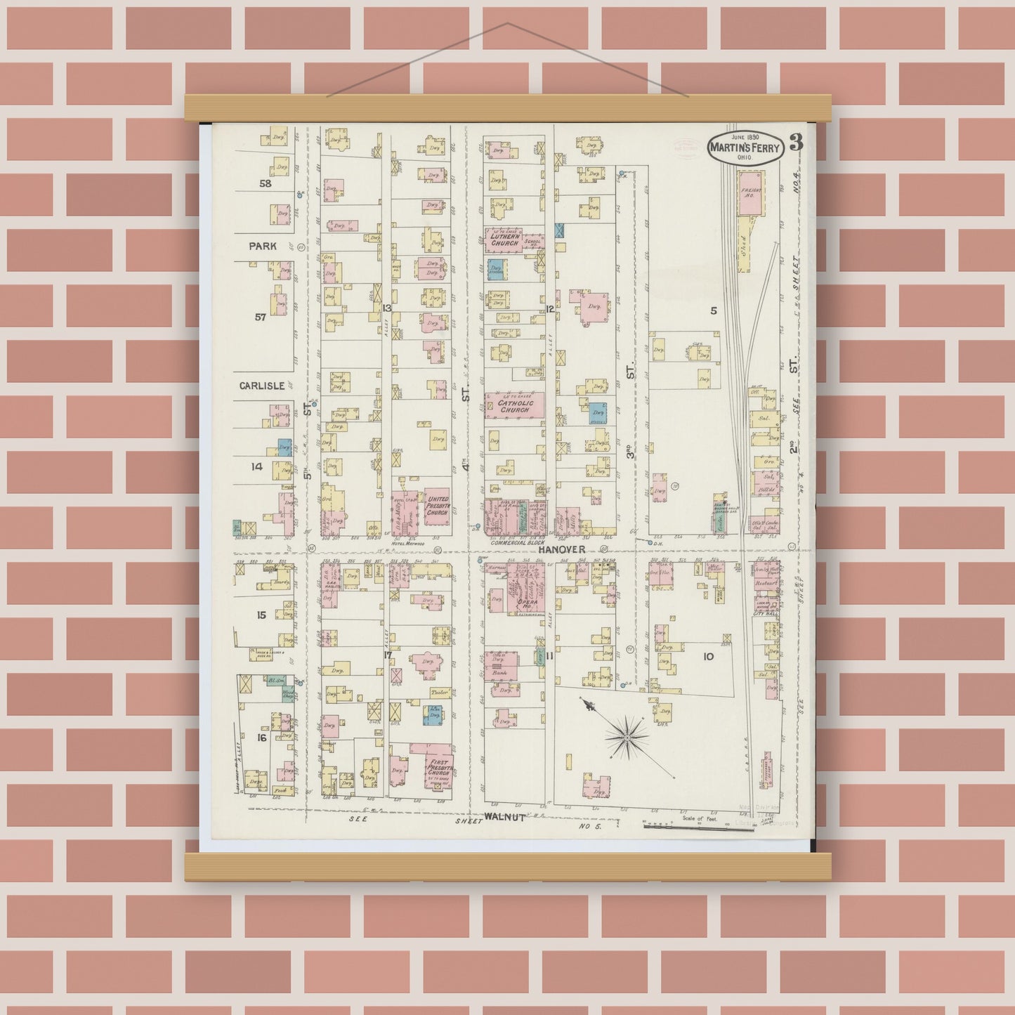 Old map wall art mockup — magnetic wood frame on brick wall — Sanborn Fire Insurance Map from Martins Ferry, Belmont County, Ohio (1890), Sheet #0003