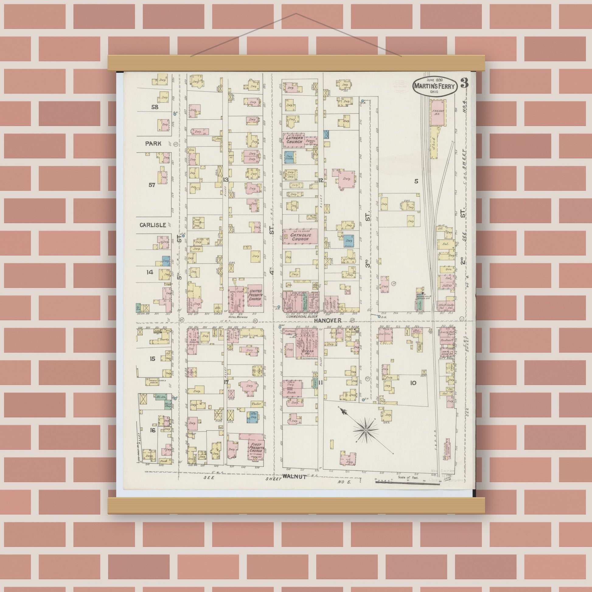 Old map wall art mockup — magnetic wood frame on brick wall — Sanborn Fire Insurance Map from Martins Ferry, Belmont County, Ohio (1890), Sheet #0003